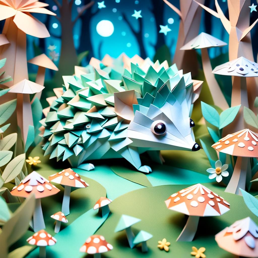 Whimsical Papercraft Hedgehog in a Mystical Forest