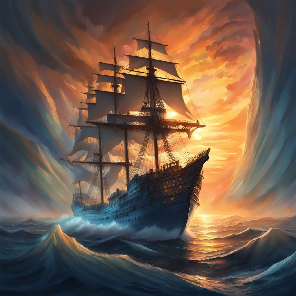 Ghost Ship Sailing on Endless Sea