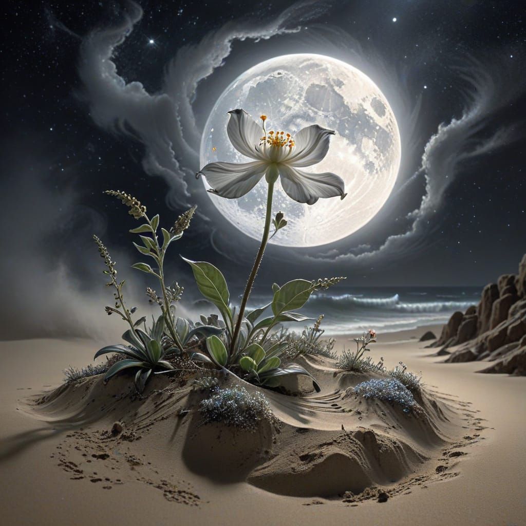 Rare Flower in Swirling Sand, Charcoal Drawing