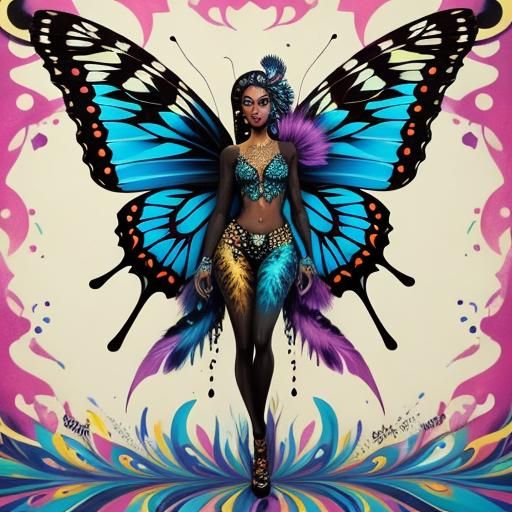 Butterfly Woman with Peacock Feathers in Graffiti Art