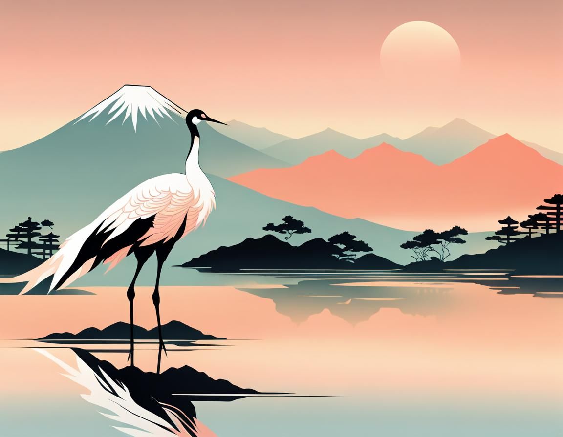 Ukiyo-e Crane Silhouette in Japanese Sunset Landscape