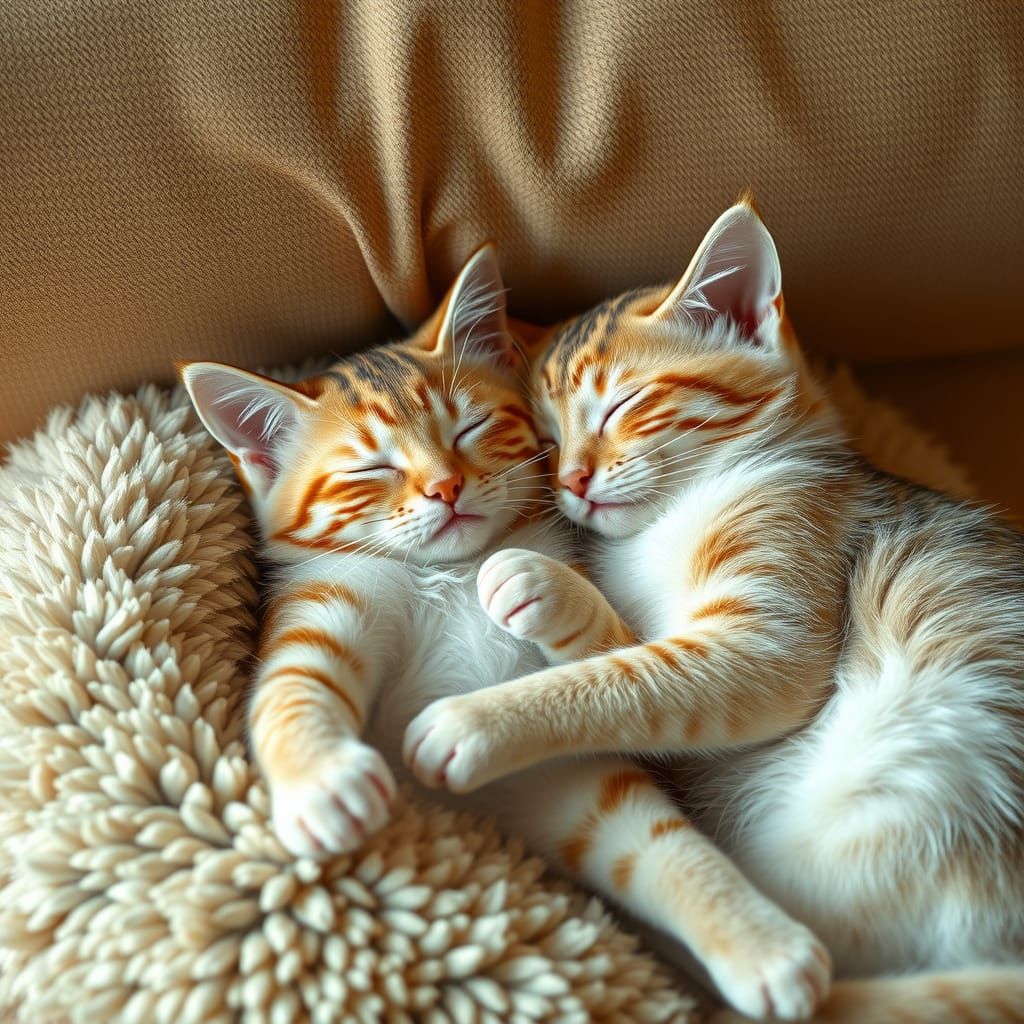 Cozy Cats Sleeping Together on Couch, Hyperrealistic Style