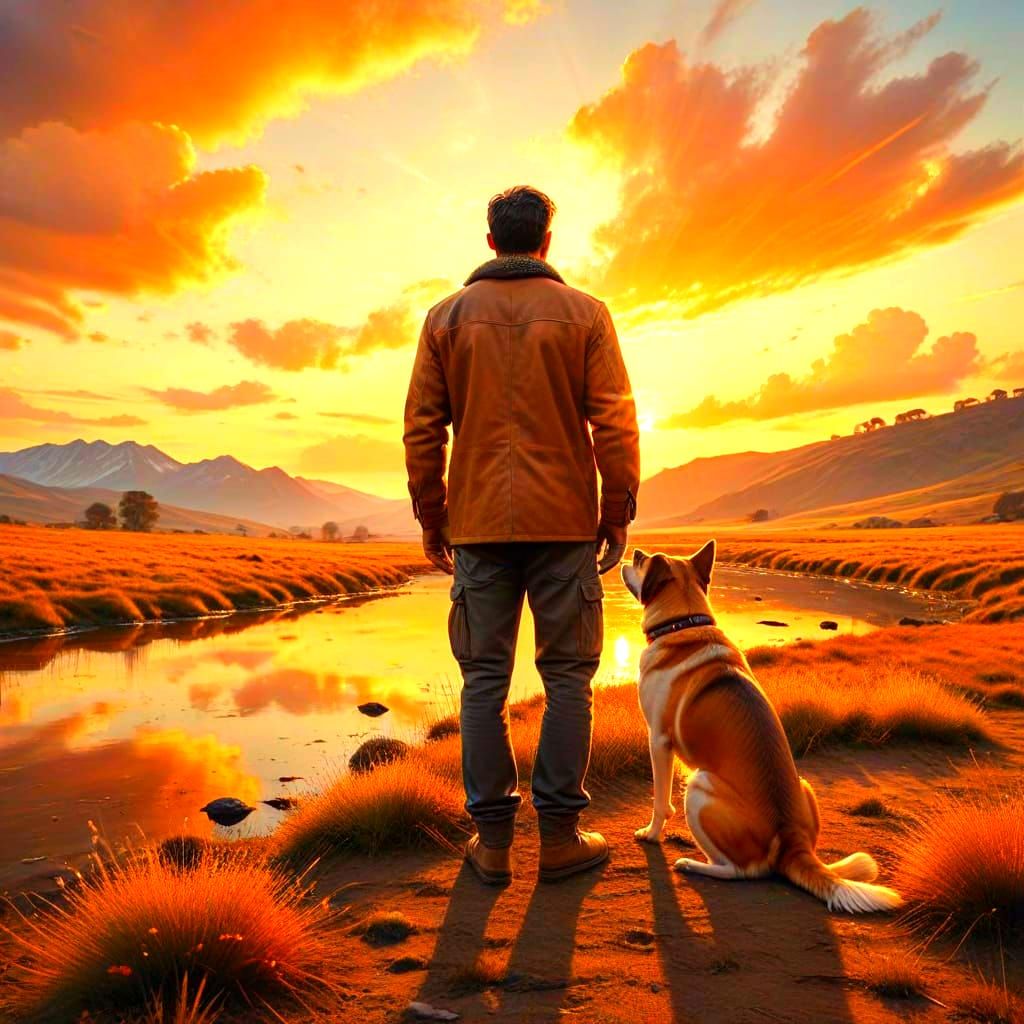 Man and Dog Watch Sunset Together