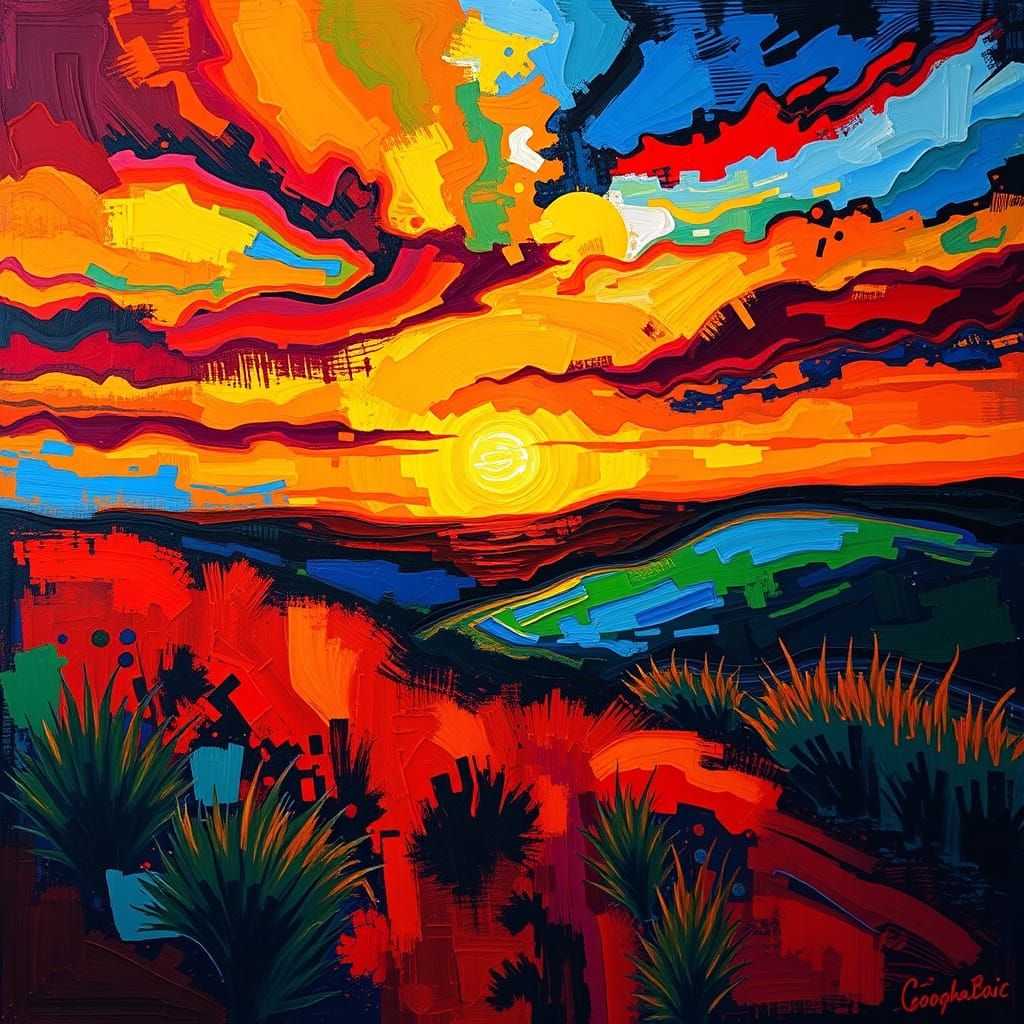 Sunset, Deep Vibrant colors, reminiscent of Kandinsky's expr...