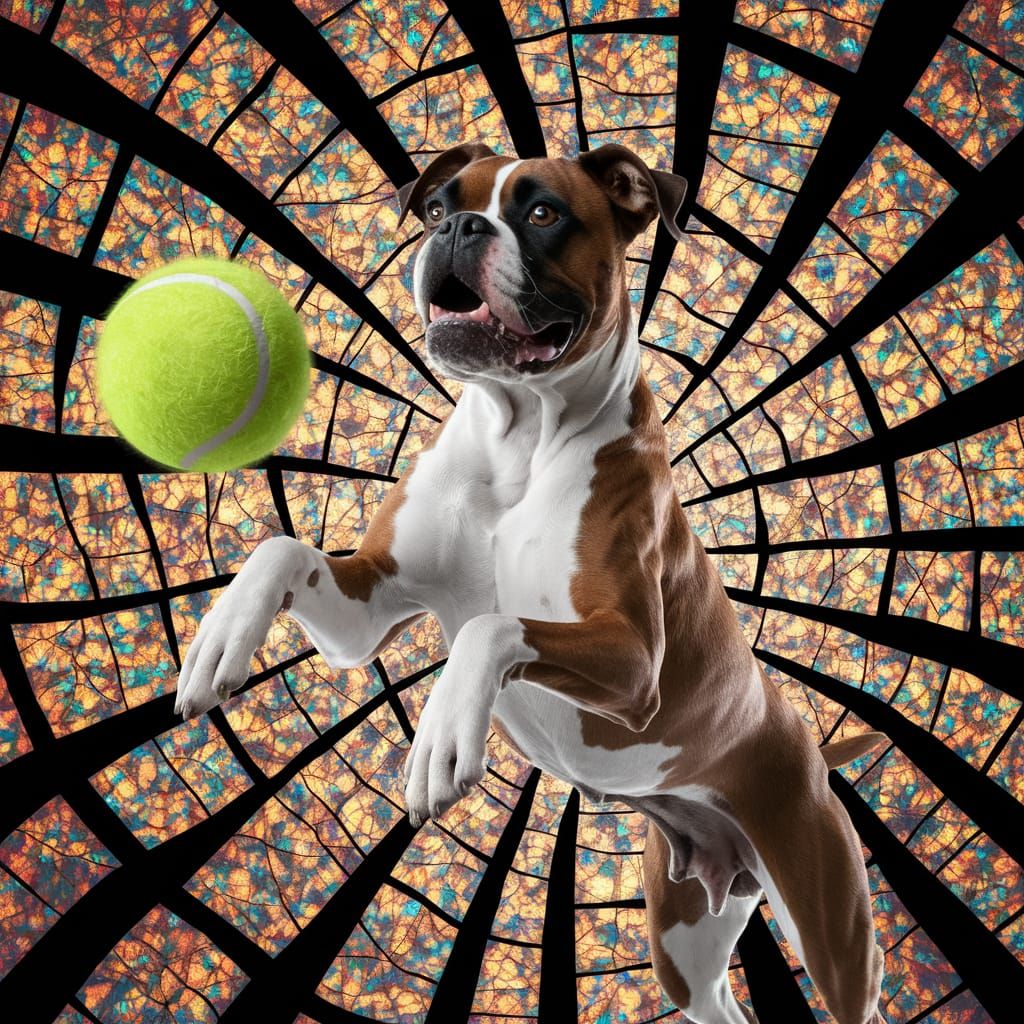 Boxer Dog Jumps for Tennis Ball in Colorful Glass