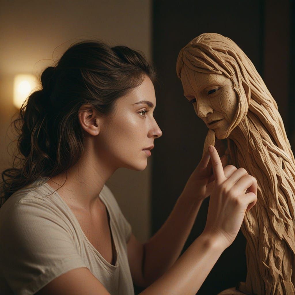 Woman Sculptor Sanding Abstract Wooden Face