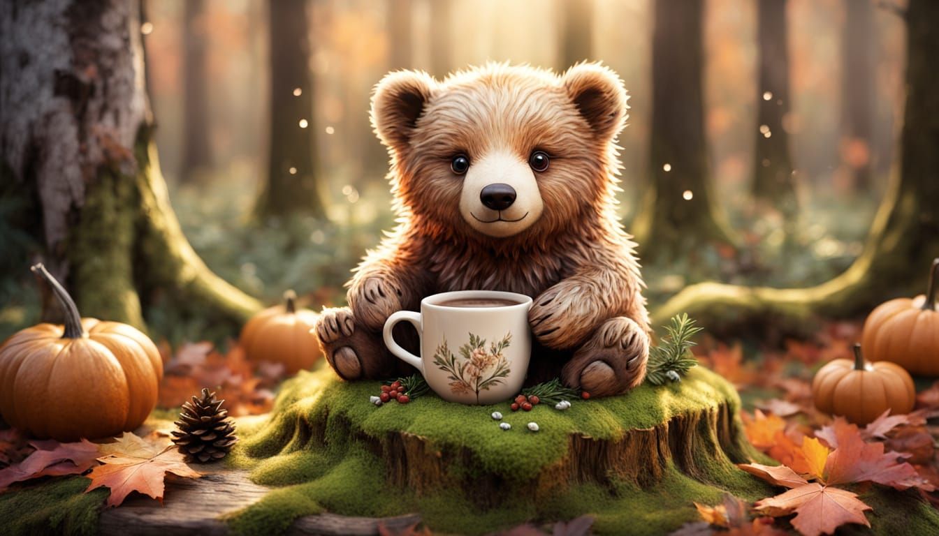 Cute Bear Cub Enjoys Hot Cocoa in Misty Autumn Forest