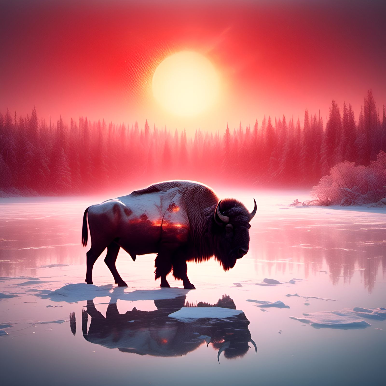 White Bison Gazing at Red Sun, Dreamy Abstract Art