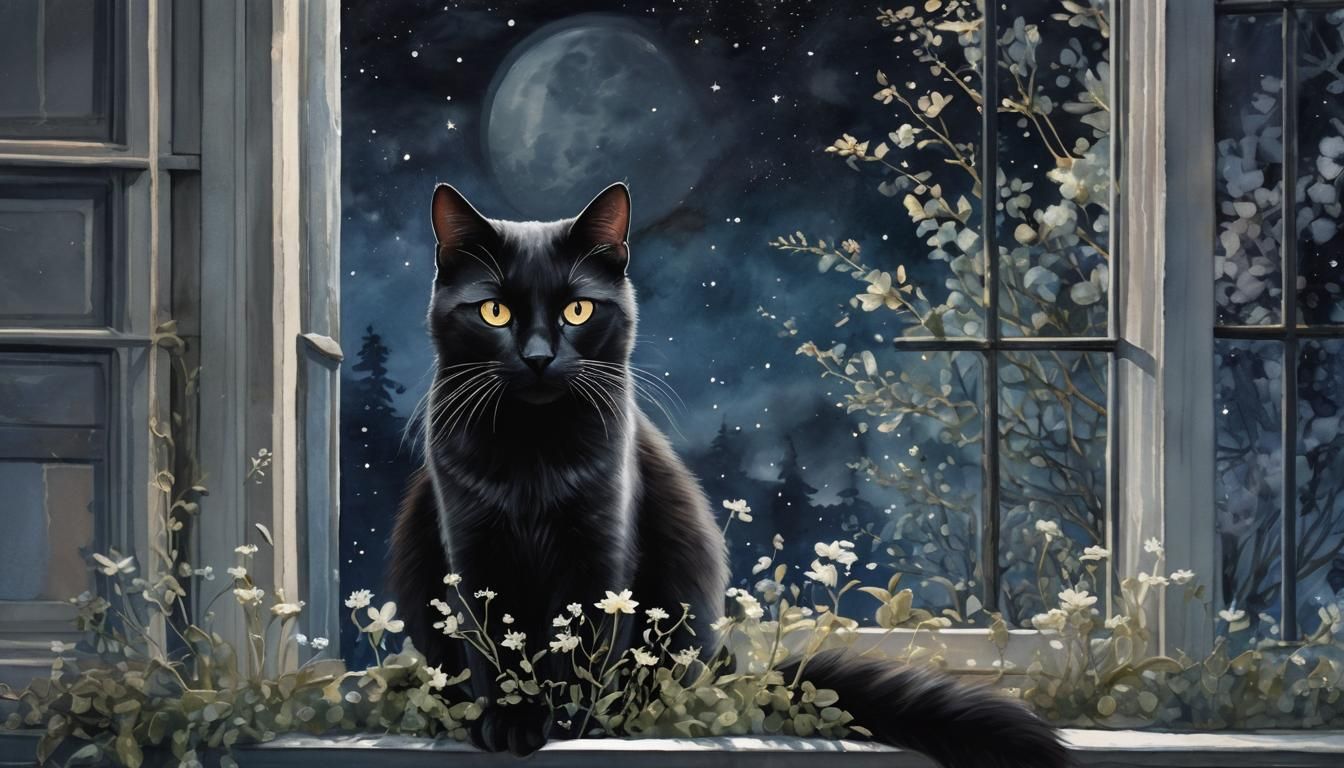 Dreamy Watercolor Cat Portrait Under Moonlight
