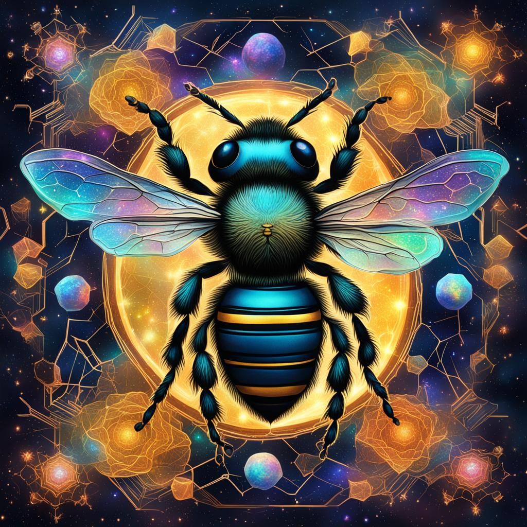 Holographic Astral Bee Illustration in Mixed Media