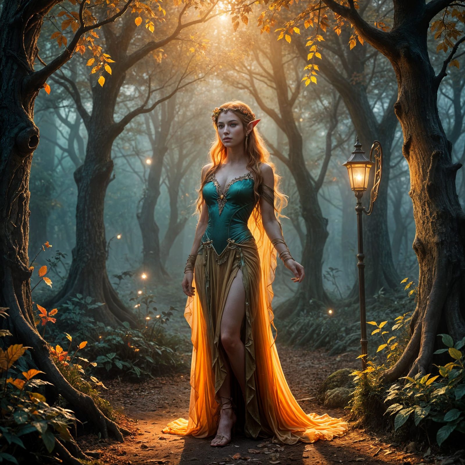 Sensual Forest Elf Woman in Enchanted Woodland Sunset