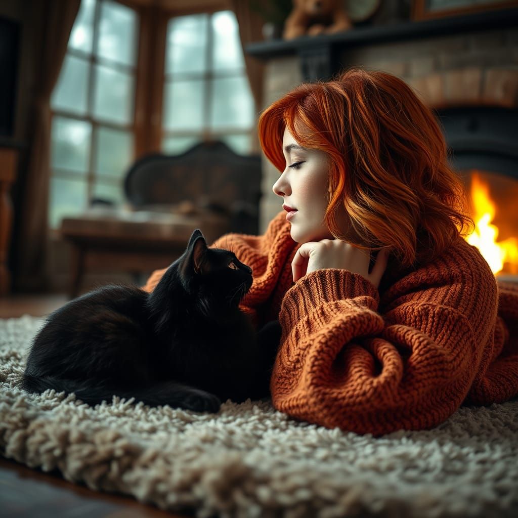 Woman with Red Hair and Black Cat