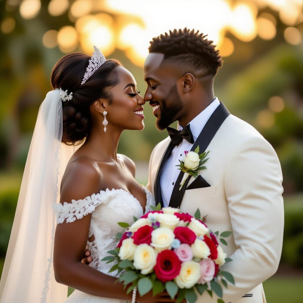 Igbo Couple's Romantic Wedding Kiss in Golden Hour Glow
