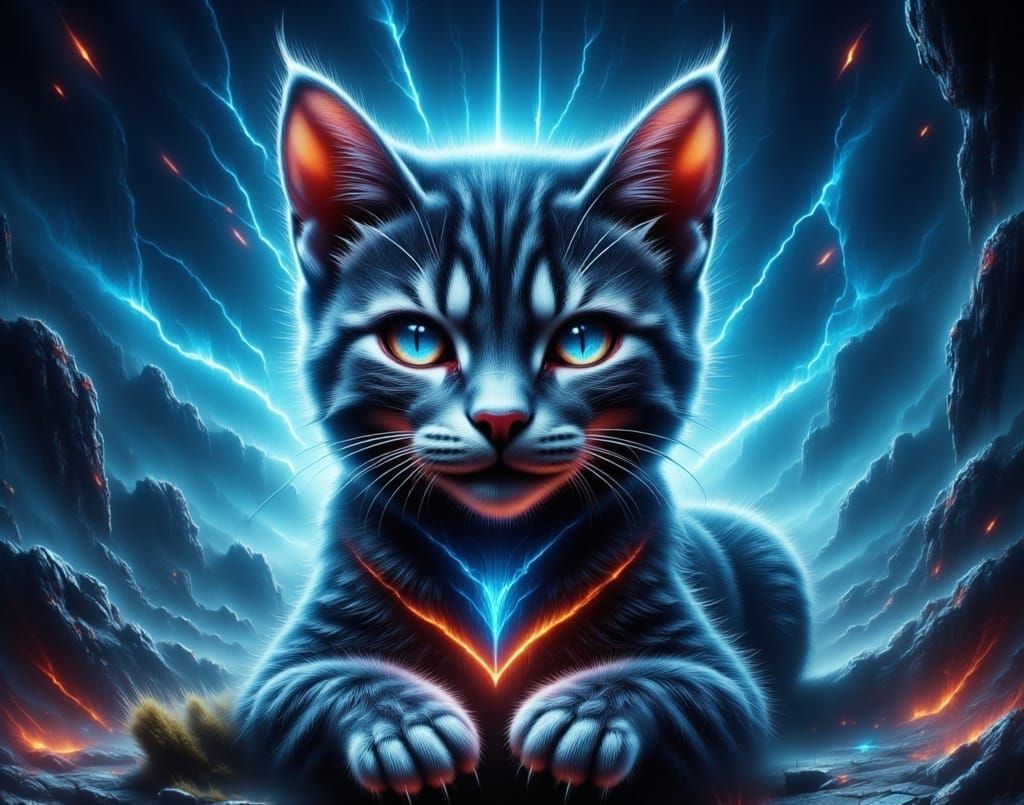 Laughing Kitten on Mossy Boulder with Indigo Cracks