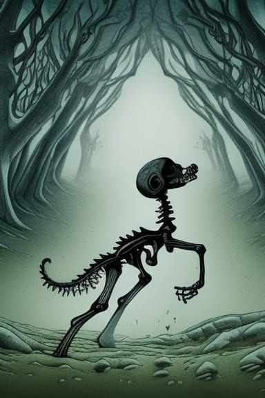 Cute Skeleton Creature Chasing Puppy in Eerie Forest