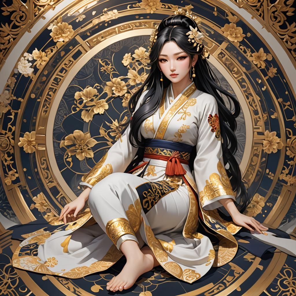 Serene Oriental Woman in Ornate 3D Environment