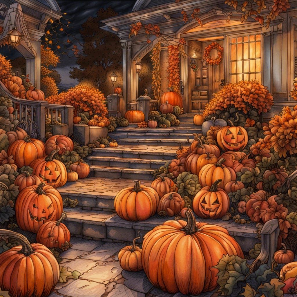 Halloween Patio Party in Color Ink Drawing Style