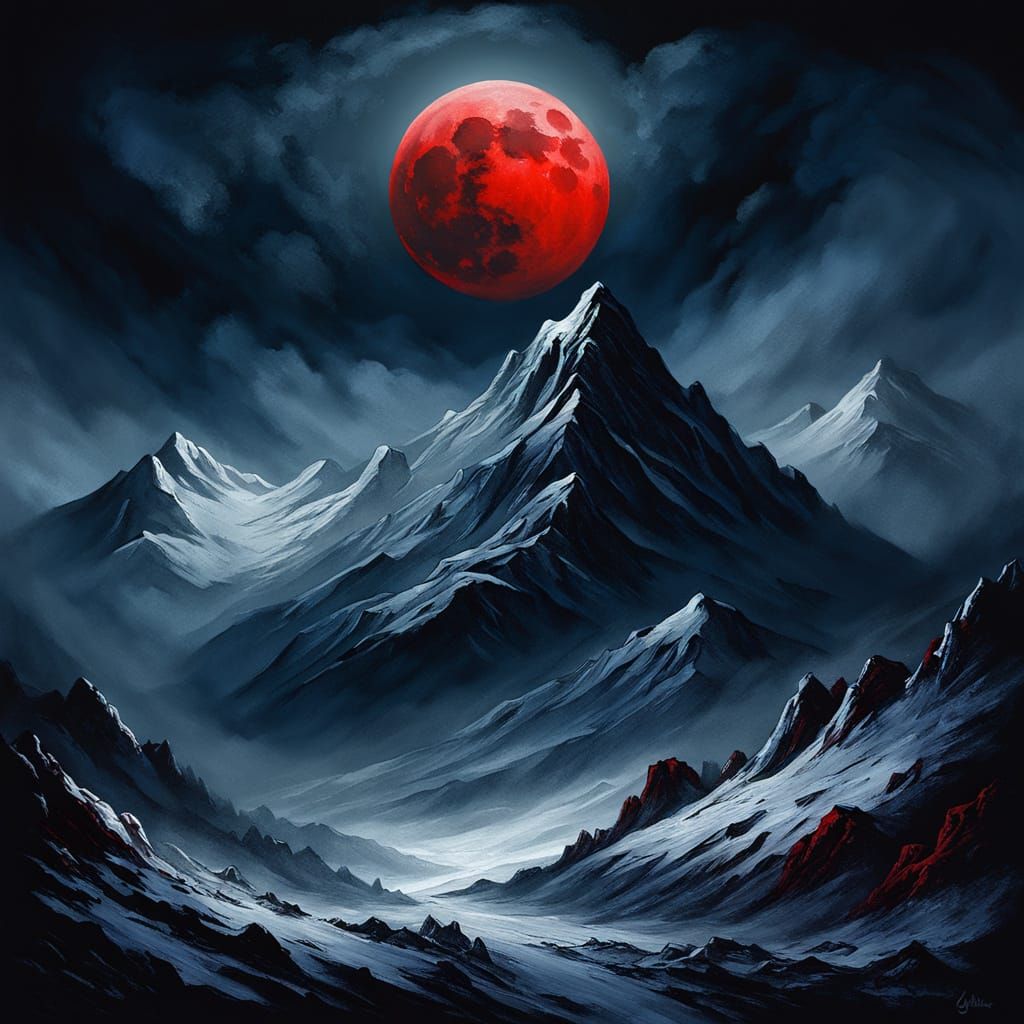 Eerie Red Moon Reflection on Snowy Mountain
