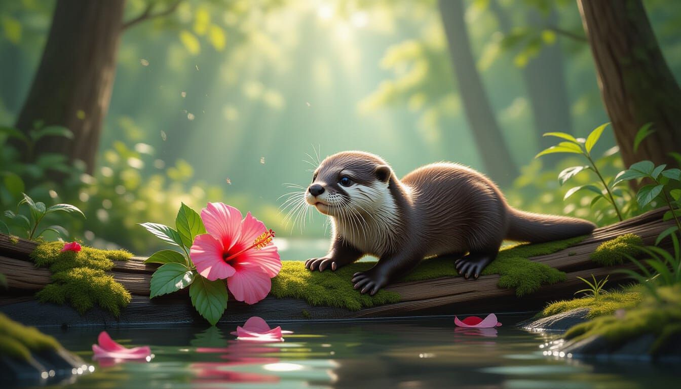 Otter Chasing Hibiscus Flower in Forest Clearing