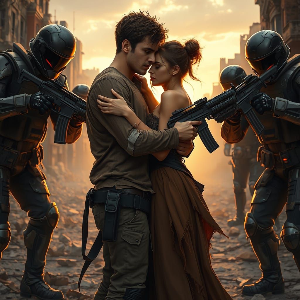 Desperate Farewell in a War-Torn Cityscape