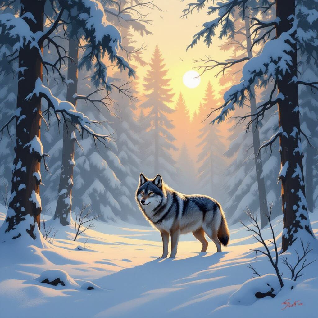 Wolf in Winter Forest: Stalenhag, Gurney, and Loish Style