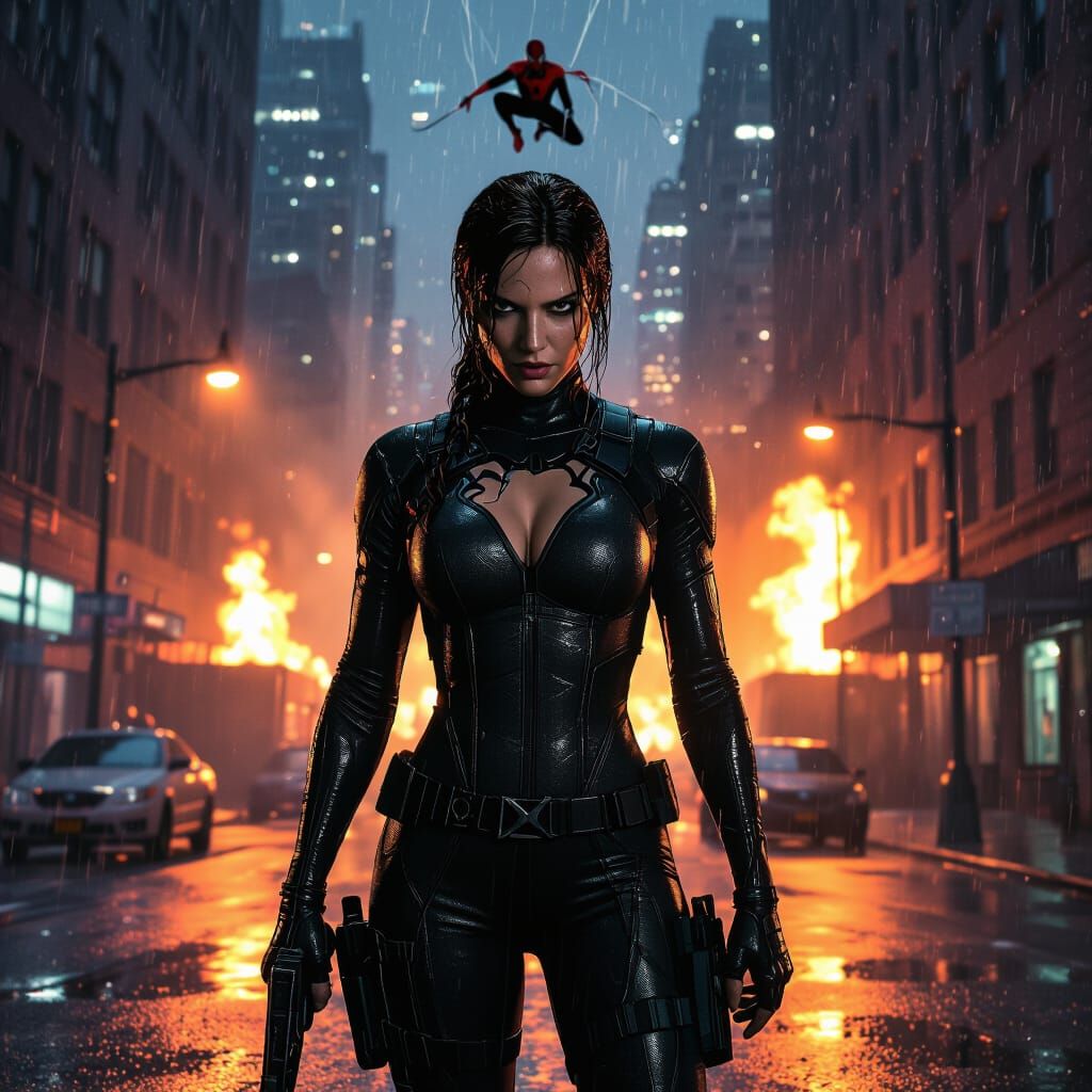 Lara Croft in Venom Suit Amidst Fiery Cyberpunk City
