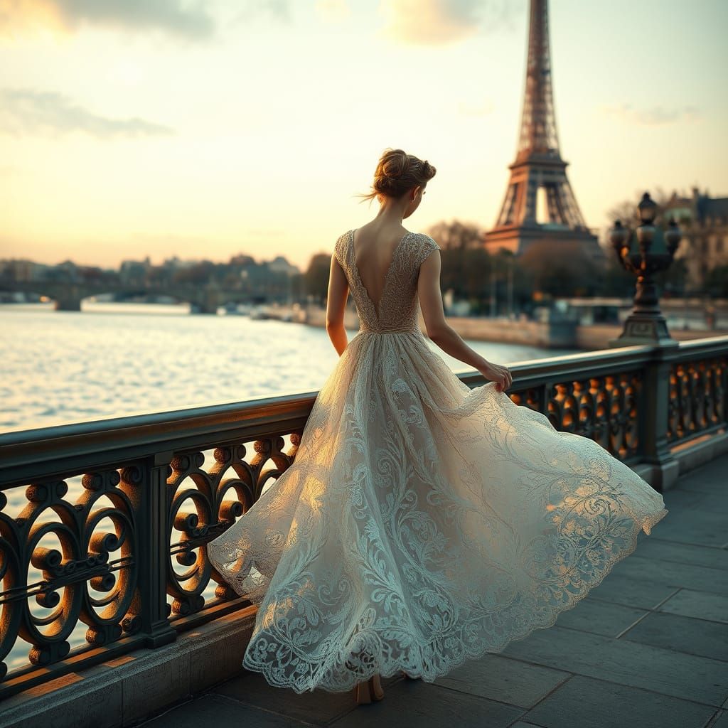 Woman in Glass Dress Strolls Along Seine River with Eiffel T...