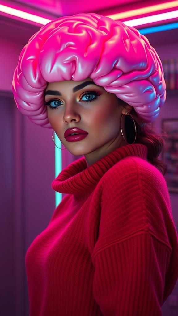 Woman with Brain in Retro-Futuristic Neon Scene
