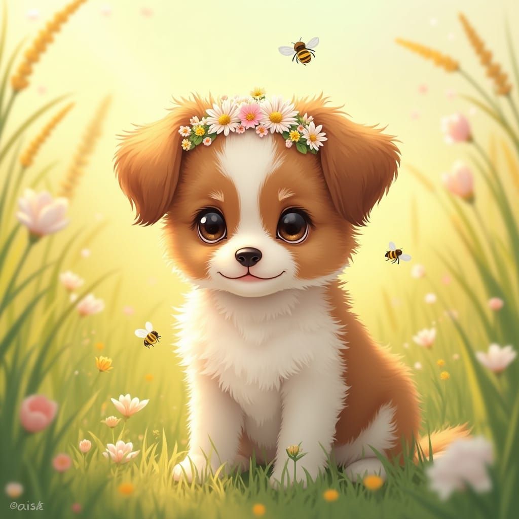 Papillon Puppy with Flower Crown in Anime Style