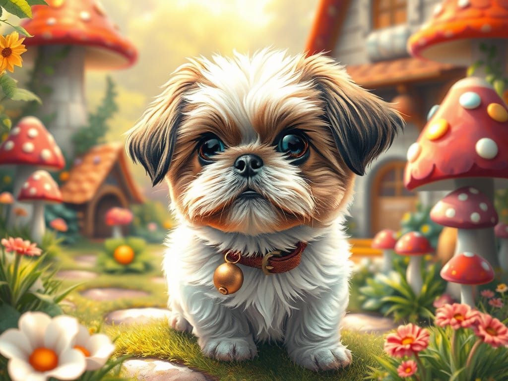 Whimsical Shih Tzu Puppy Explores Mushroom Village in Enchan...