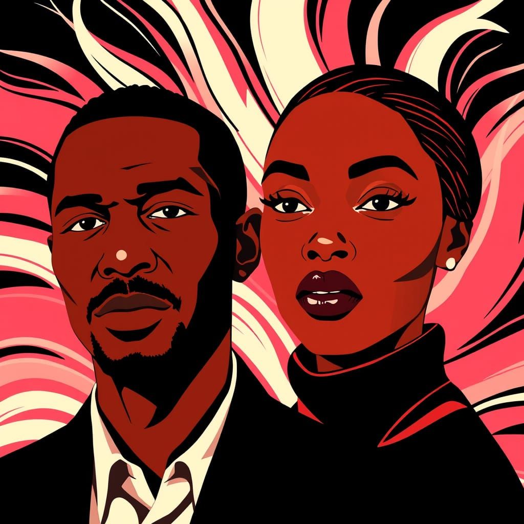 Monochromatic Portrait of Two Figures in David Hockney Style