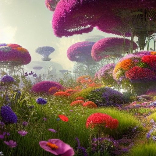 Futuristic Garden with Spheres and Butterflies