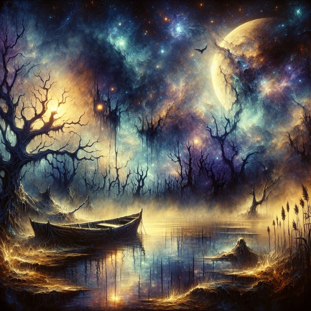 Surreal Alien Swamp at Night in Watercolor