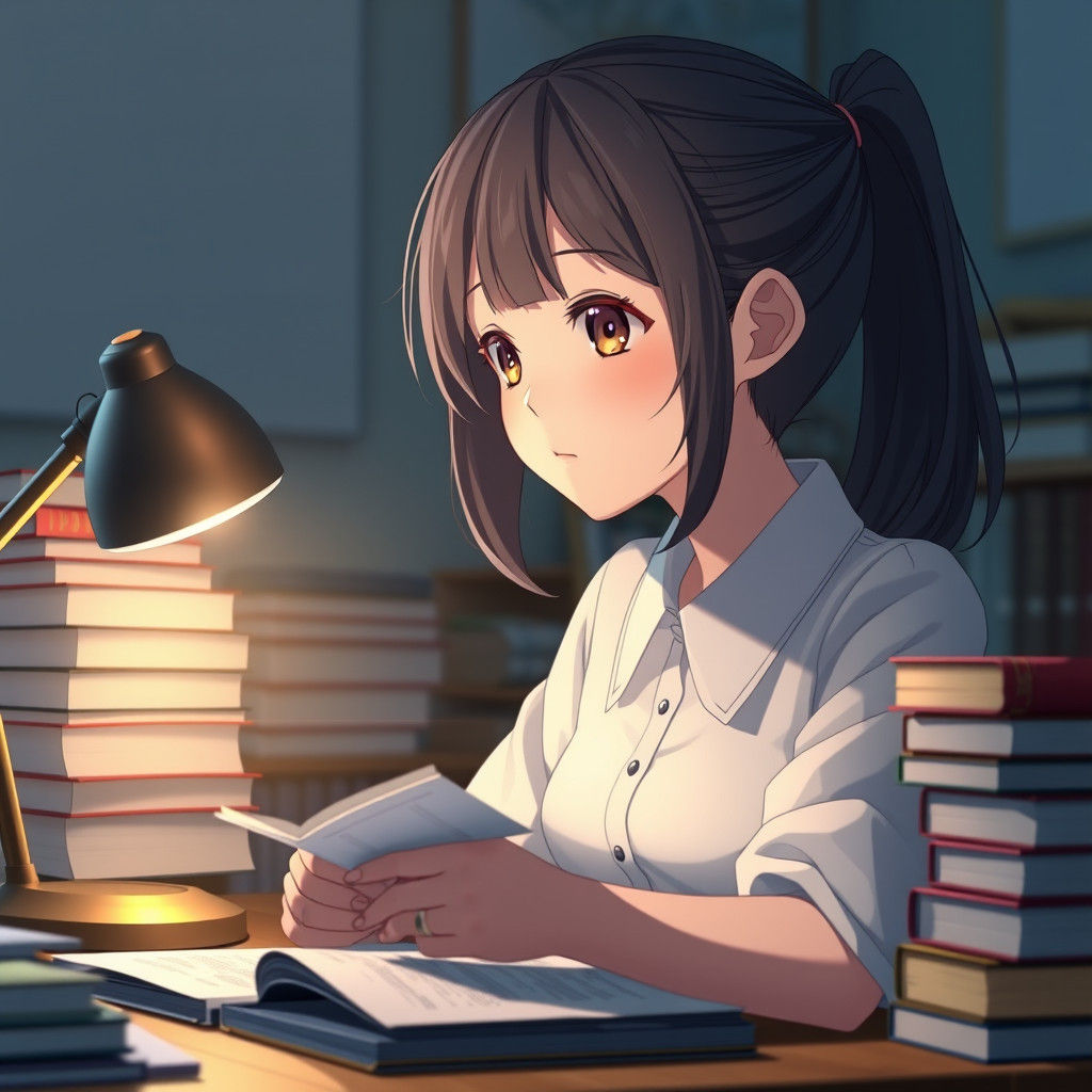 Serene Girl Studying in Hyper-Realistic Anime Style