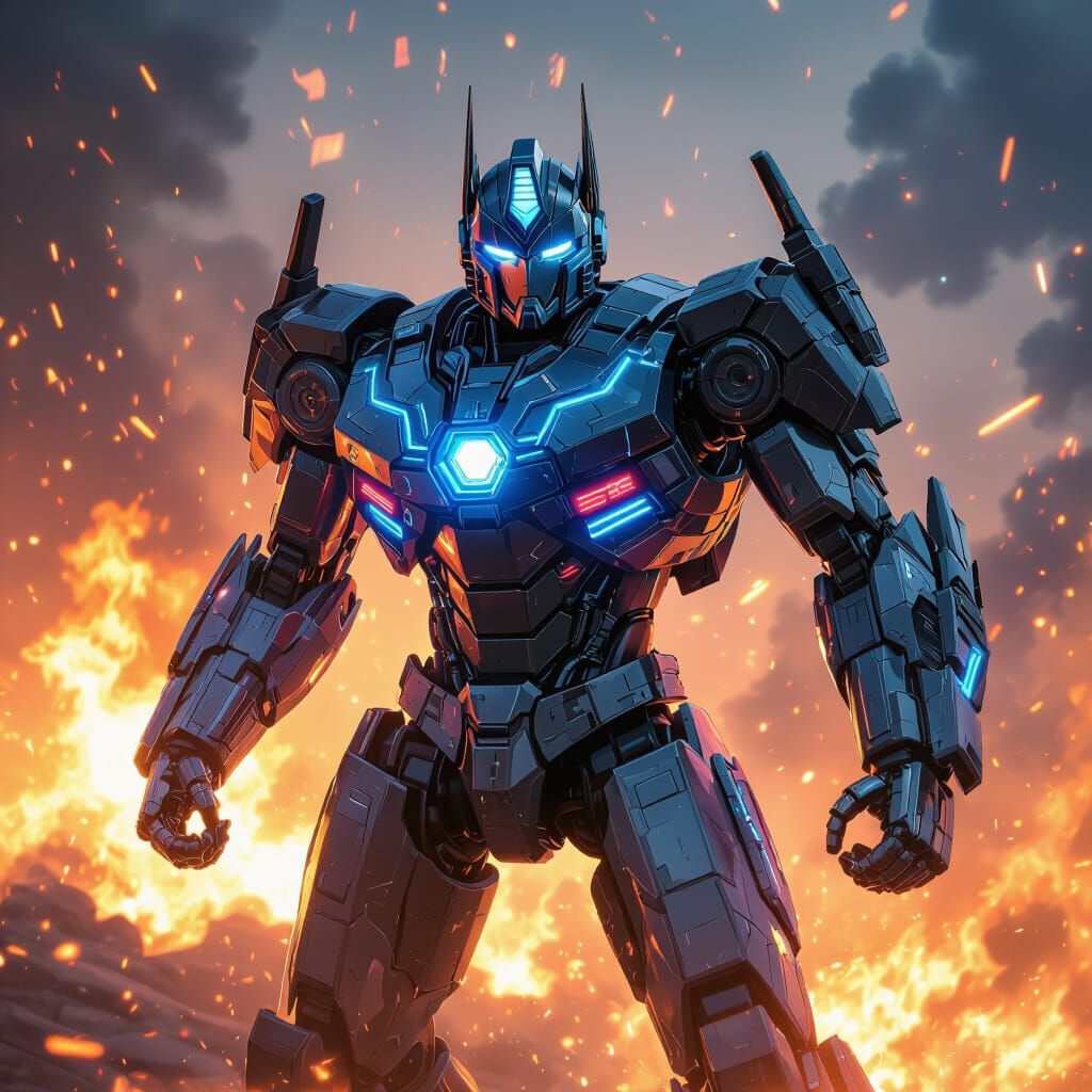 Heroic Futuristic Robot Amidst Flames in Sci-Fi Style