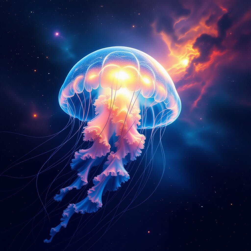 Bioluminescent Jellyfish Drifting Through Cosmic Ocean