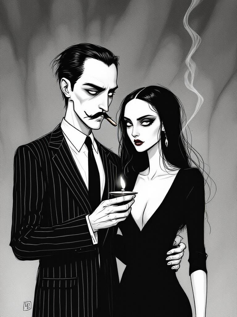 Gomez and Morticia Addams: Stylized Monochrome Sketch