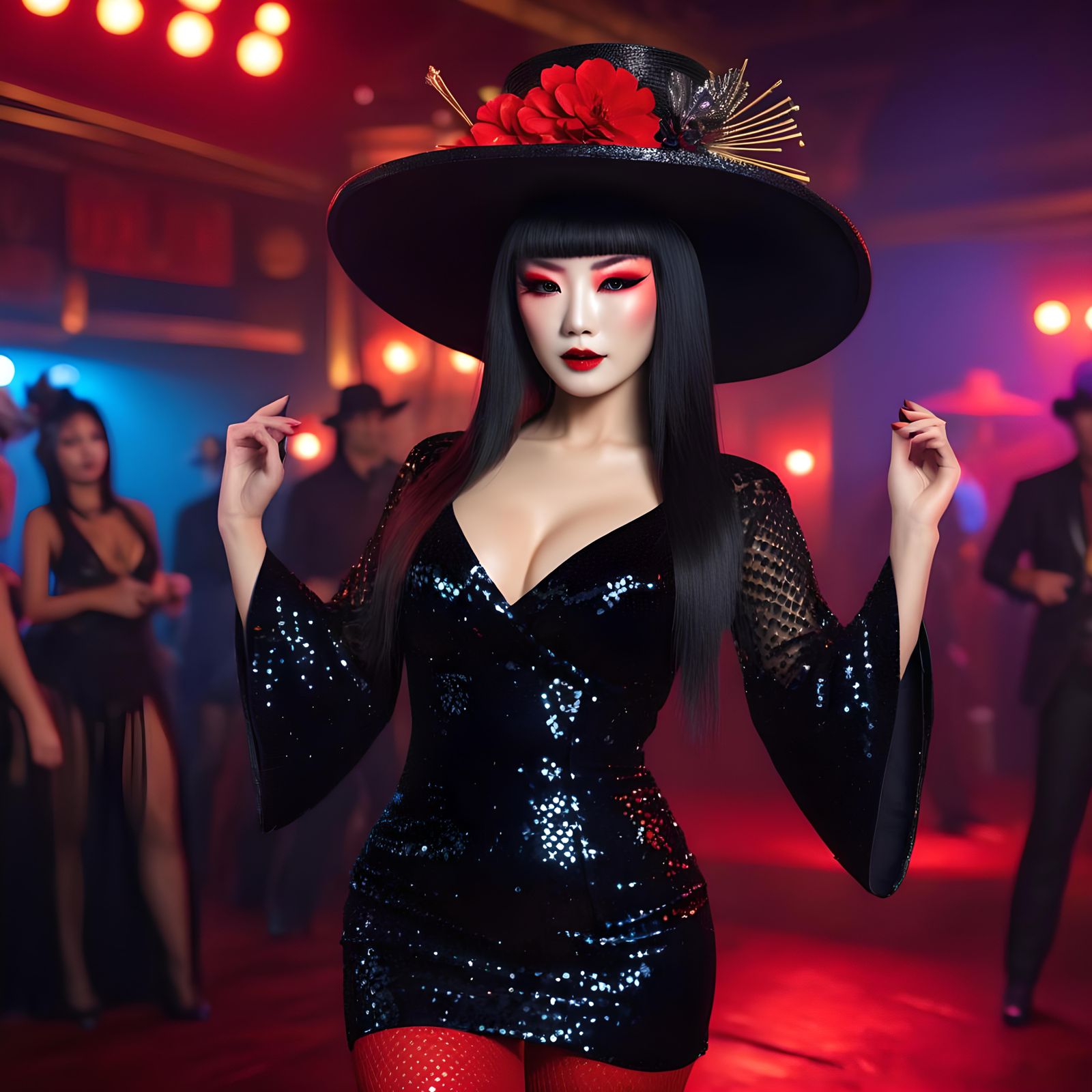 Goth Geisha Dances in Club with Cowboy Hat