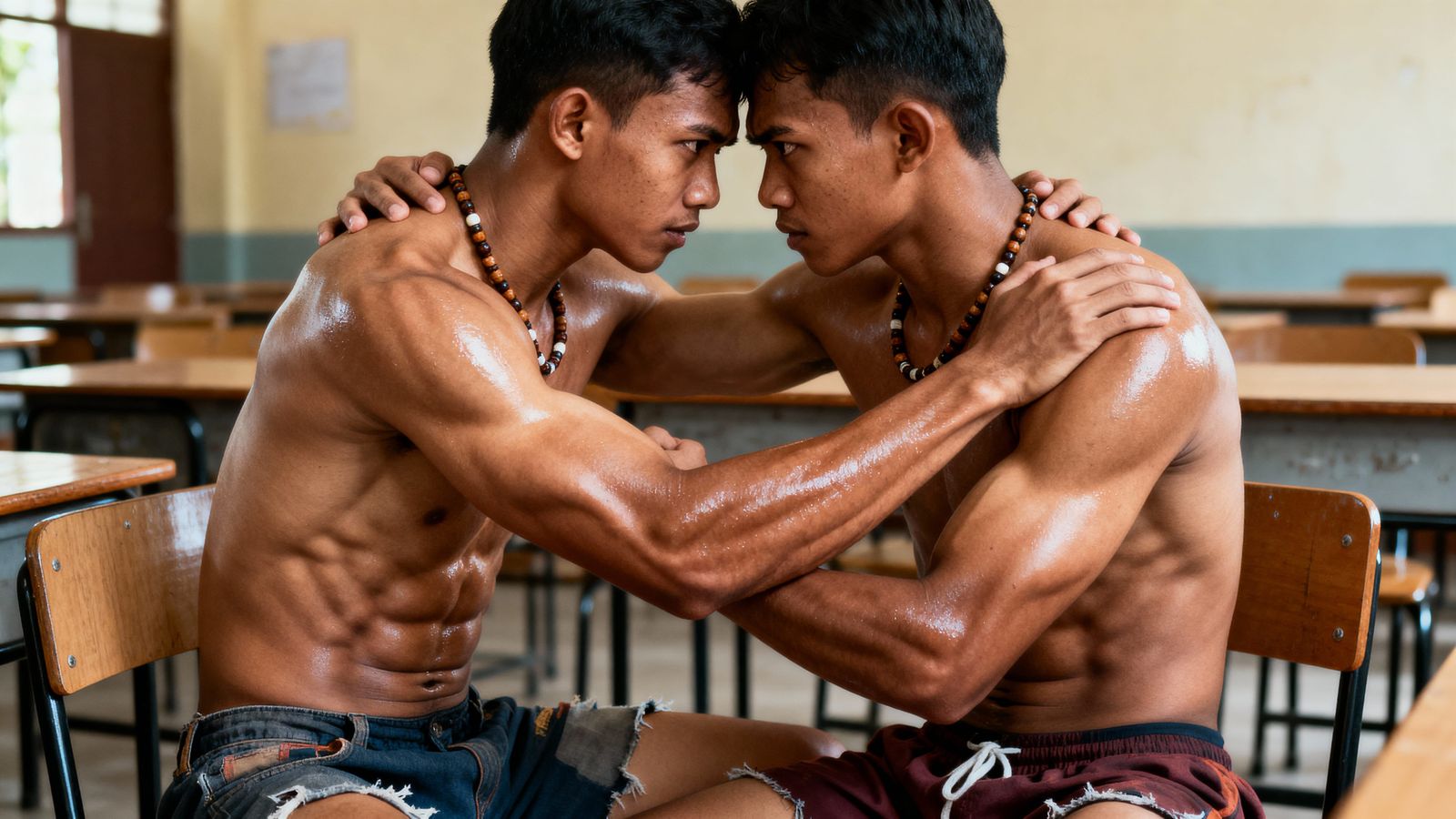 Muscular Javanese Men Hugging in Tense Classroom
