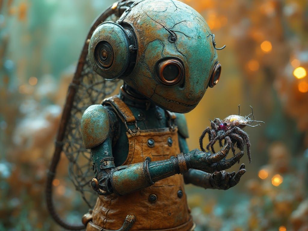 Android Hybrid Creature with Intricately Stitched Leather Sk...