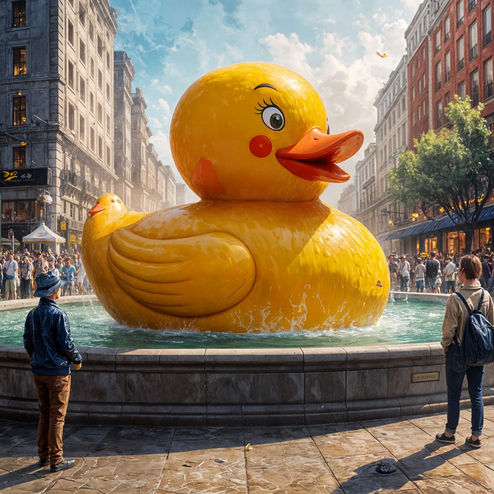 Whimsical City Fountain Rubber Duck in Fantastical Realism S...