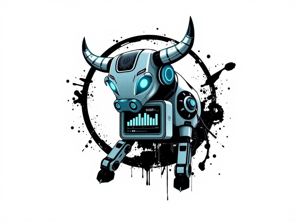 Robot Bull Logo with Bar Charts in Ink Wash