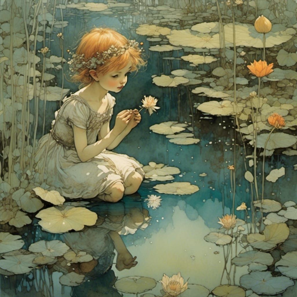 Flower Elf Reflection in Pond, Oil Painting