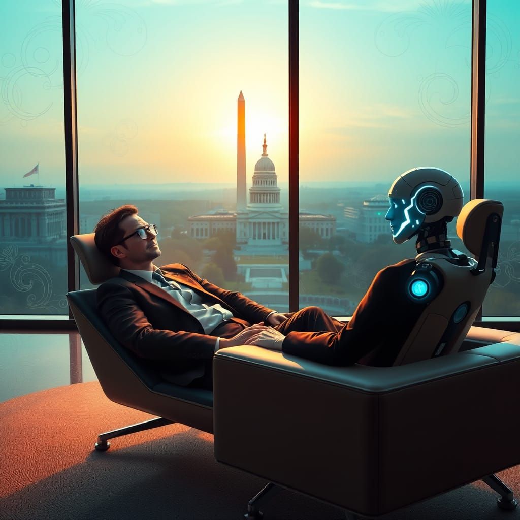 Businessman in Therapy with AI Therapist in Futuristic Offic...