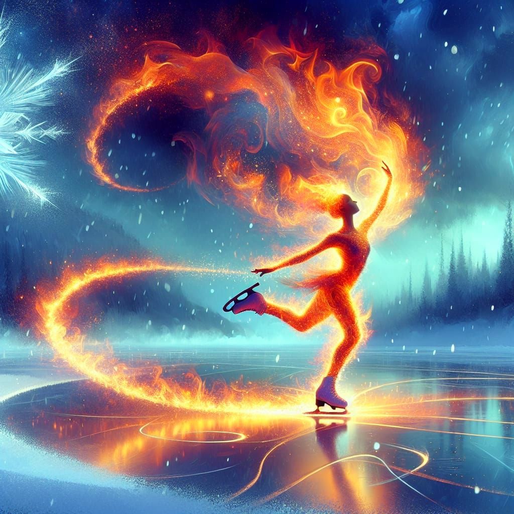 Glowing Fire Skater in Serene Winter Wonderland
