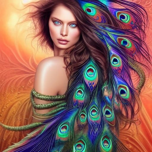 Iridescent Peacock Goddess Portrait in Art Nouveau Style