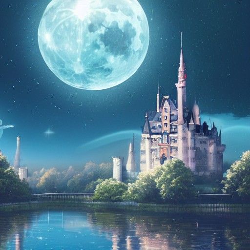 Moon City with Castles and Floating River in Anime Style