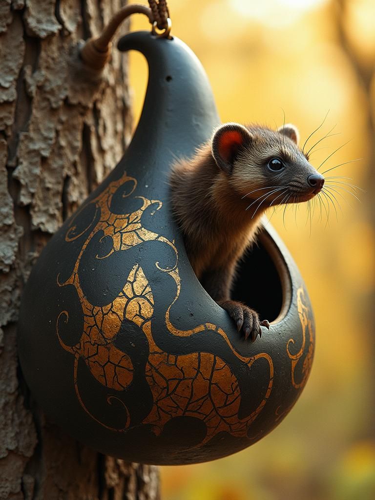 Marten Soaring from Gourd Birdhouse with Abstract Designs