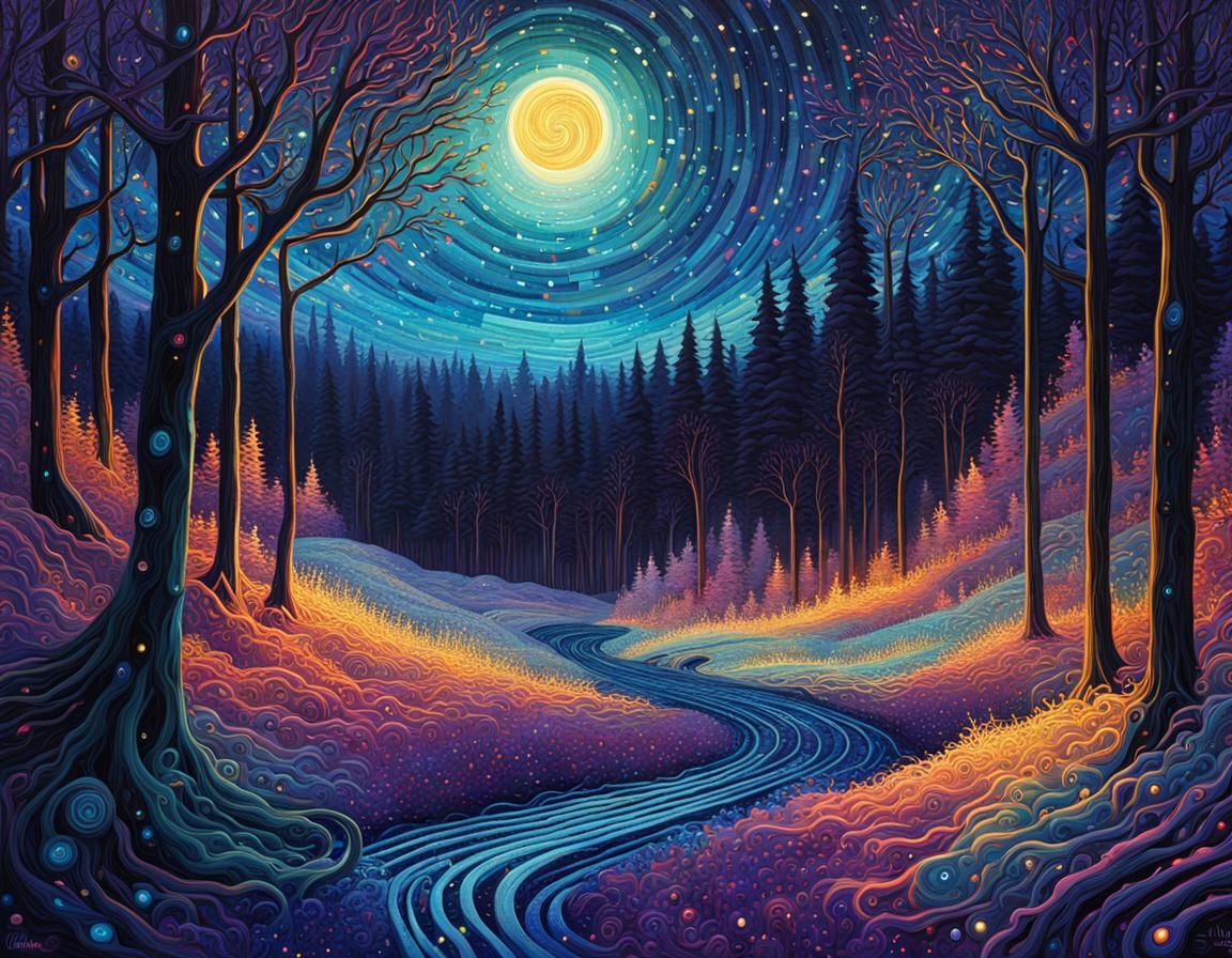Winter Solstice Scene in Quilled Bioluminescent Forest
