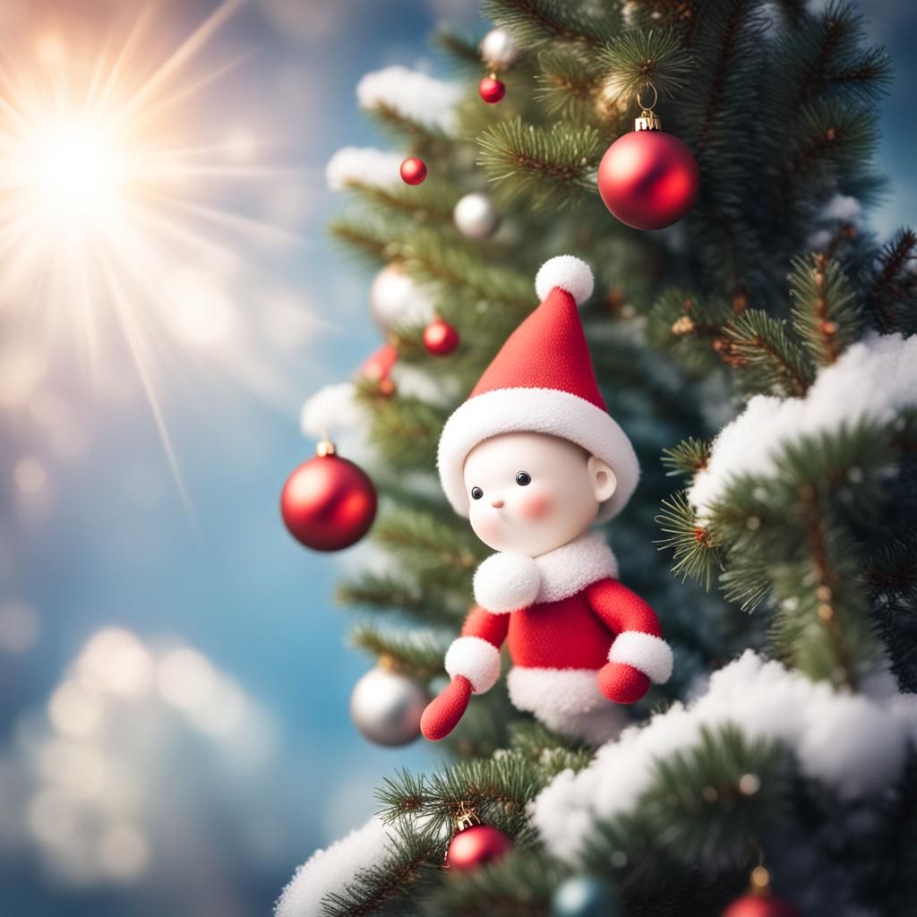 Cat in Christmas Hat Climbing Christmas Tree